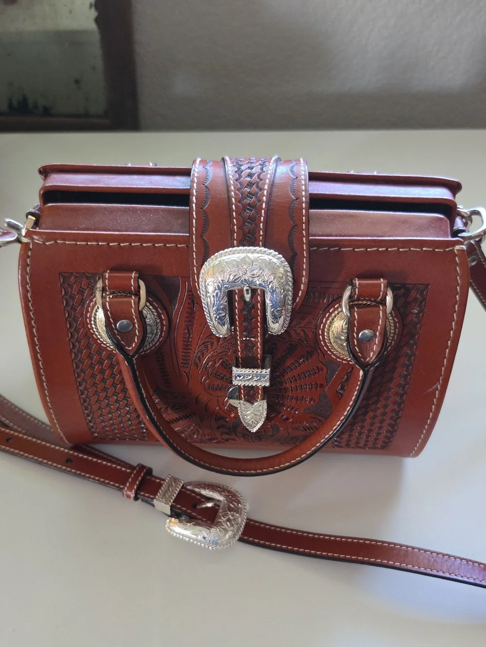 Women’s Tooled Leather Crossbody Bag in Saddle Brown with Silver Buckle